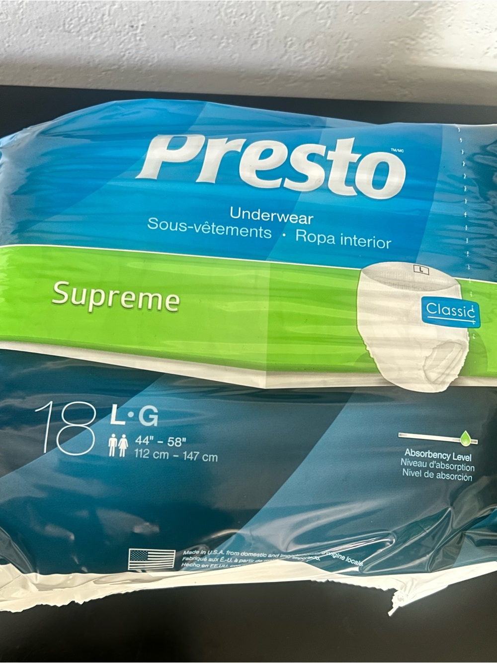 Presto Underwear Supreme Classic 2 packages for total 36 count LARGE (44”-58”)